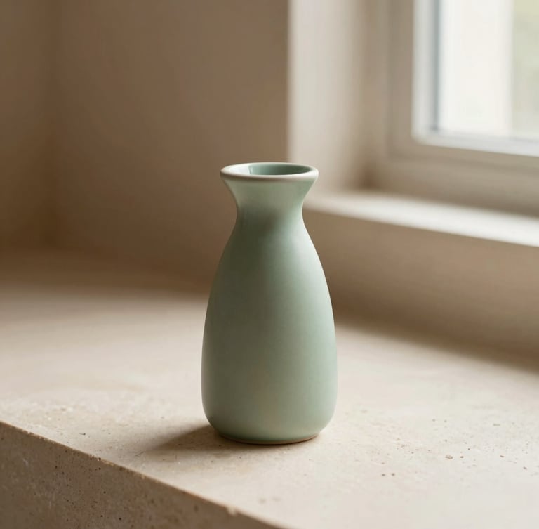 Close-up of a minimalist ceramic cold-diffusion nebulizer, sage green color, on a cream-colored stone surface, soft morning light from a window, elegant and serene, 35mm.