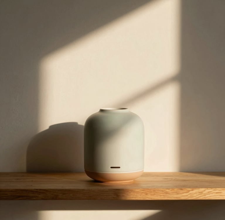 A minimalist ceramic diffuser sitting on a wooden shelf, warm golden-hour window shadows casting elegant lines, soft natural lighting, 35mm