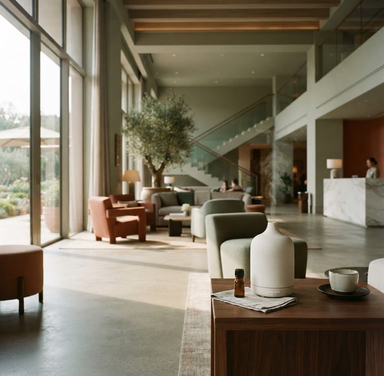 Elegant hotel lobby with soft morning light, a minimalist ceramic diffuser on a dark wood table to the right, expansive, serene atmosphere.