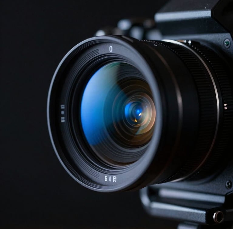 Extreme close-up of an anamorphic cinema lens catching a sharp cool-toned electric blue flare, dark metallic camera rig body, low-key dramatic studio lighting