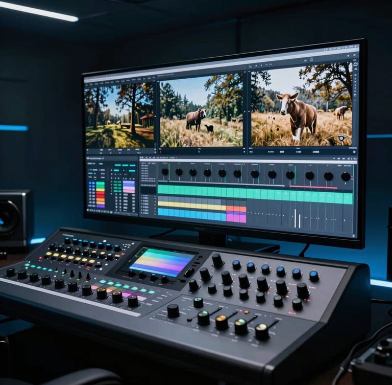High-end post-production color grading suite, dark room with cool blue ambient light, large reference monitor showing high-contrast wildlife footage, colorist control panel with dials