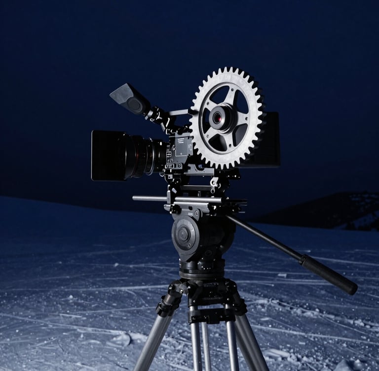 Low-key behind-the-scenes shot of a high-end cinema camera rig mounted on a tripod in a frozen mountain landscape, metallic silver gear catching cool rim light, deep navy shadows.