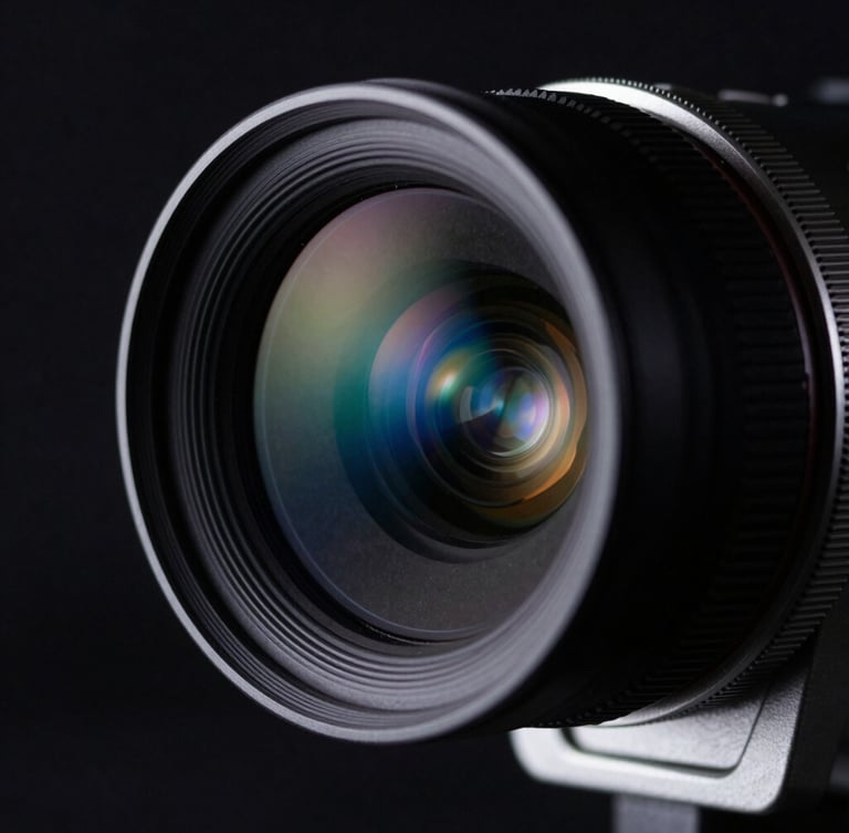 Extreme close-up of an anamorphic cinema lens catching a subtle electric blue flare, metallic silver housing, low-key dramatic studio lighting