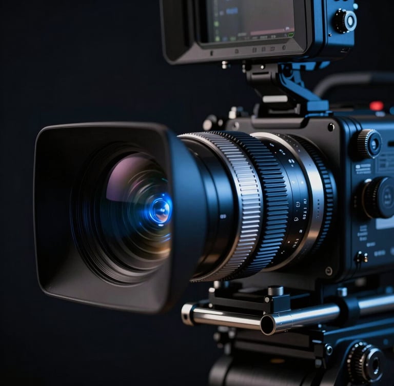 Extreme close-up of a high-end cinema camera rig, anamorphic lens catching cool blue flares, metallic silver accents, low-key studio lighting, dark background
