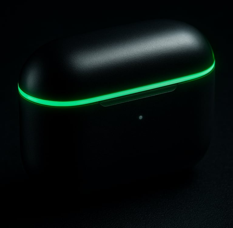 Sleek close-up macro shot of a black wireless earbud charging case, moody high-contrast studio lighting, neon-green rim light, dark obsidian background, 8k resolution