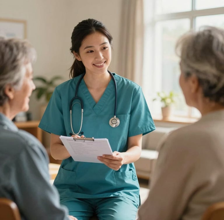 A medium environmental portrait of a compassionate female nurse in teal scrubs explaining a health chart to an elderly patient in a sunlit Ohio community center, warm natural daylight, shallow depth of field.