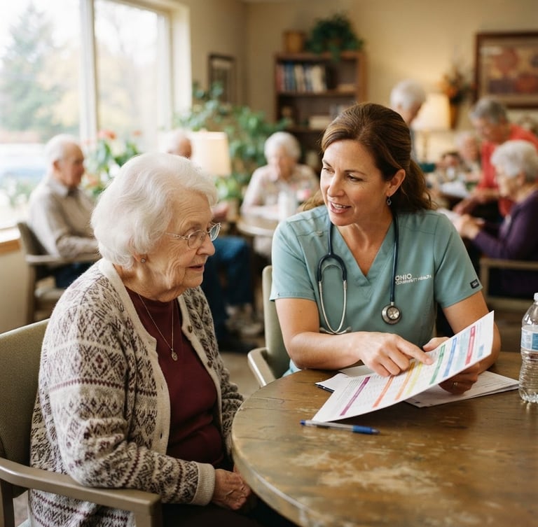 A warm environmental portrait of an Ohio nurse in a soft teal uniform gently explaining a health chart to an elderly senior patient in a bright, sunlit community room, 35mm photography, shallow depth of field.