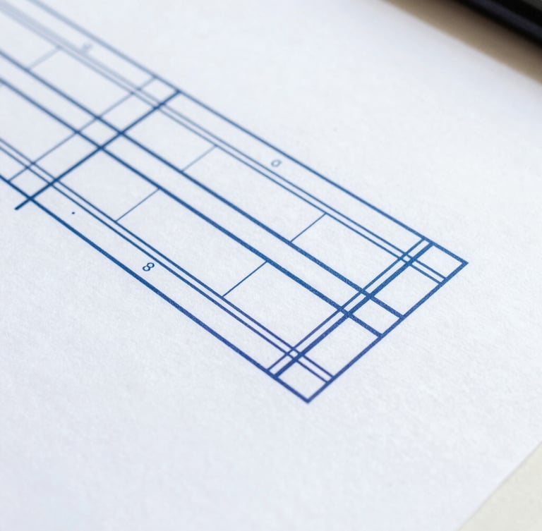 Overhead macro shot of a clean technical diagram on a desk, sharp focus, crisp white paper with navy blue structural lines, bright cool daylight