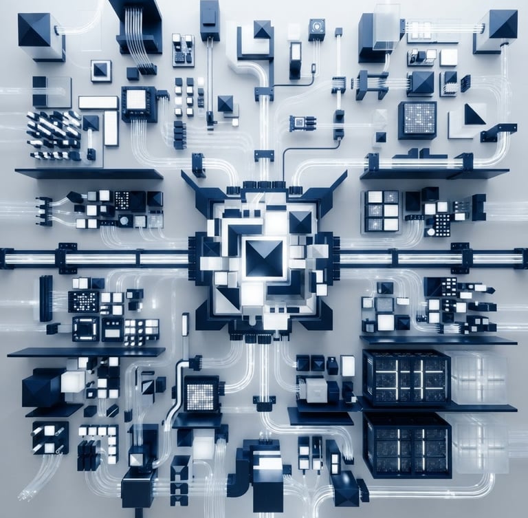 Abstract code architecture diagram showing clean, structured data pathways in deep navy blue and crisp white, high-key studio lighting, sharp focus, 35mm