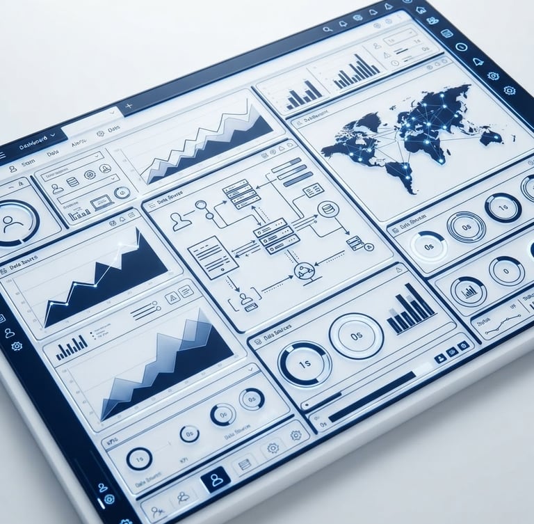 High-fidelity clean UI wireframe of an enterprise database dashboard, crisp white and navy blue tones, sharp focus, technical precision, bright high-key studio lighting