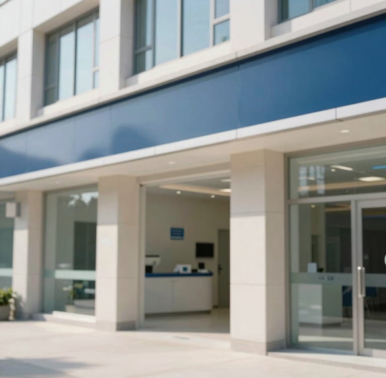 Structured architectural shot of a modern, clean medical clinic exterior, bright natural daylight, soft shadows, professional 35mm photography