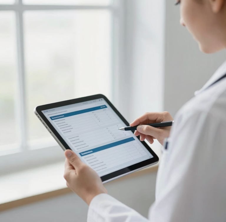Bright professional photography of a medical administrator reviewing digital charts on a tablet, soft natural window light, clean slate tones, shallow depth of field, 35mm