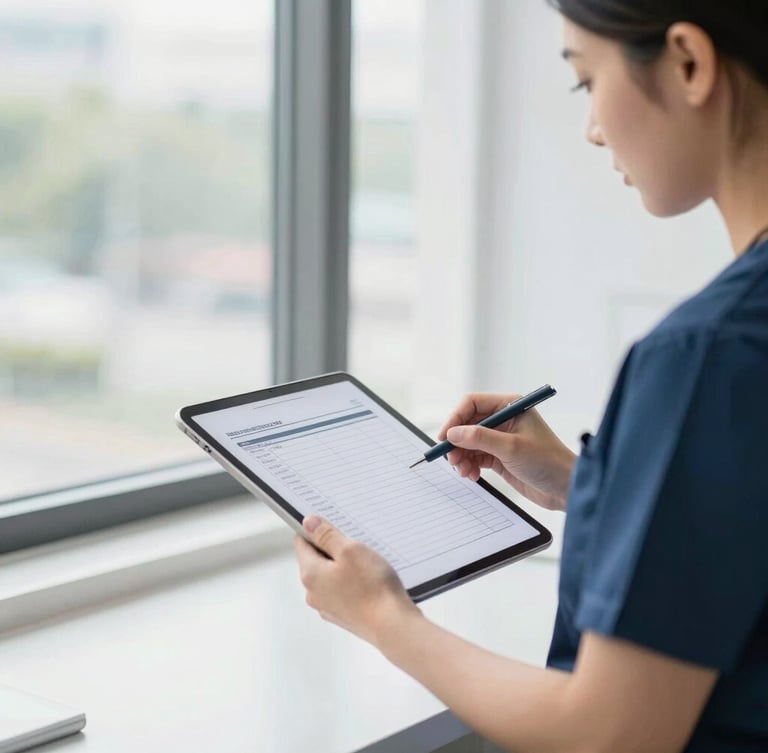 Bright, natural daylight clinic workspace. A professional administrator in slate scrubs reviewing billing charts on a tablet near a window, shallow depth of field, 35mm.