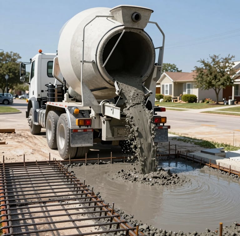Low-angle shot of a heavy concrete mixing truck pouring wet concrete into a steel rebar driveway grid in a Dallas residential neighborhood, bright Texas sun, sharp industrial photography, 35mm lens.