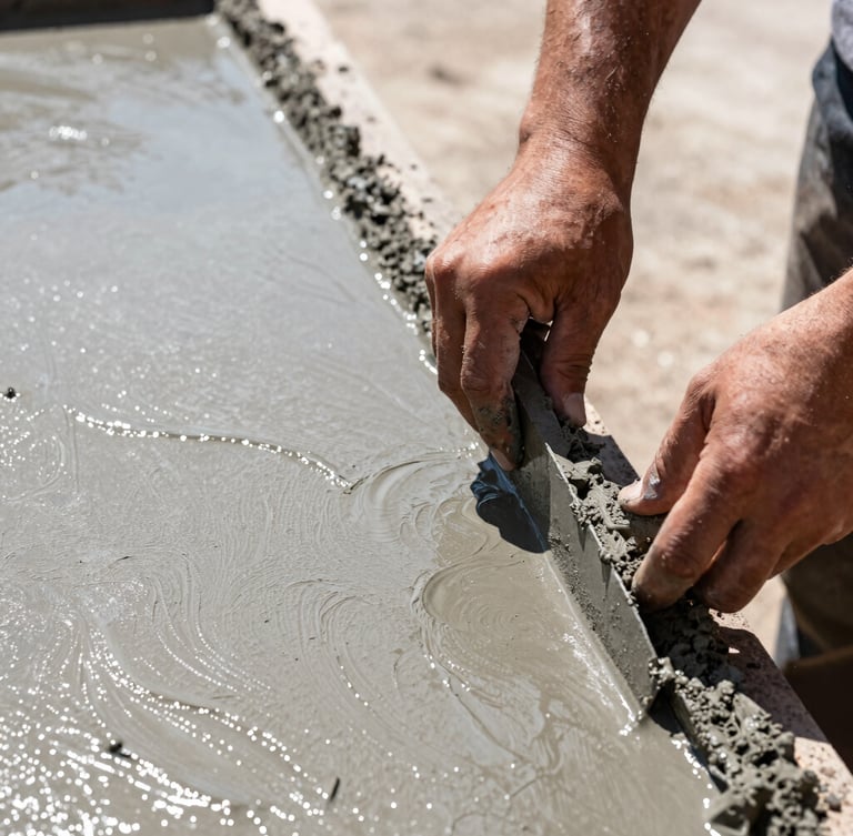 Tight macro shot of a craftsman hand-troweling wet concrete, bright Texas sunlight reflecting off the smooth surface, high-contrast slate tones.