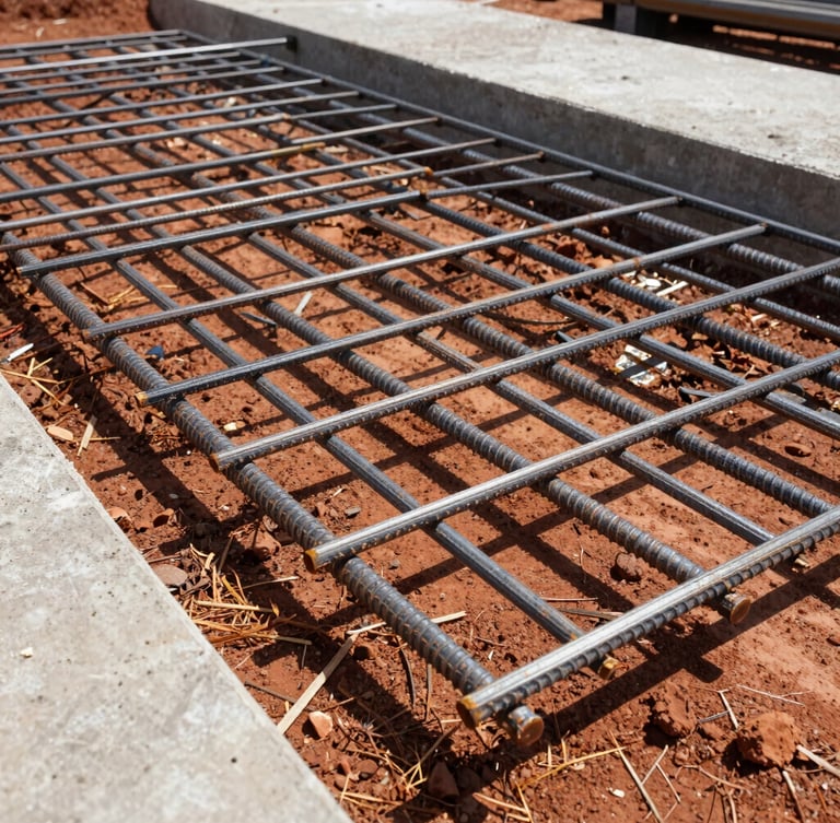 Low-angle shot of a steel rebar grid laid over red clay soil in Dallas, bright direct Texas sunlight casting sharp shadows, industrial concrete preparation.