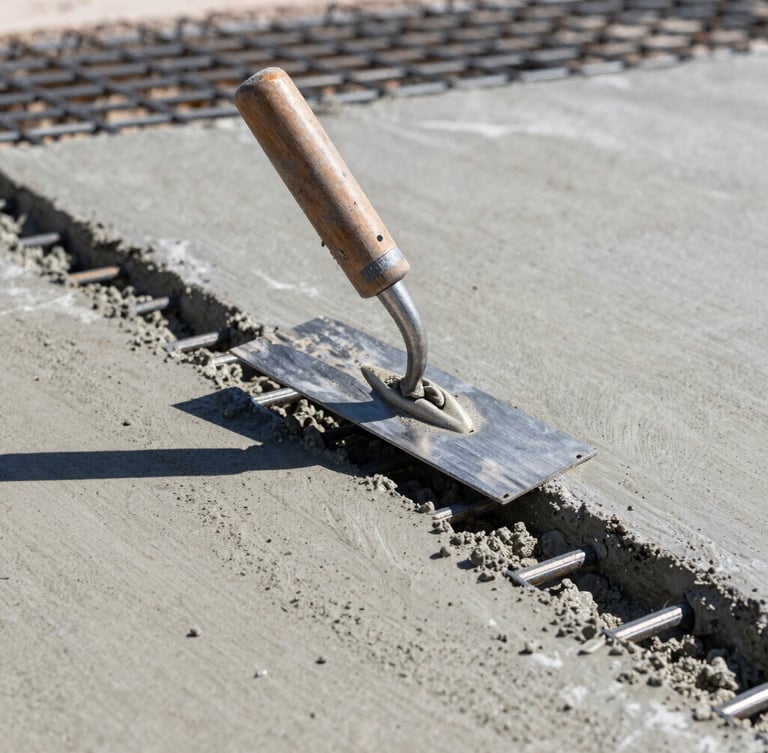Low-angle shot of a freshly poured concrete slab being finished with a hand trowel under bright direct Texas sunlight, steel rebar grid visible beneath the wet mix, sharp industrial photography