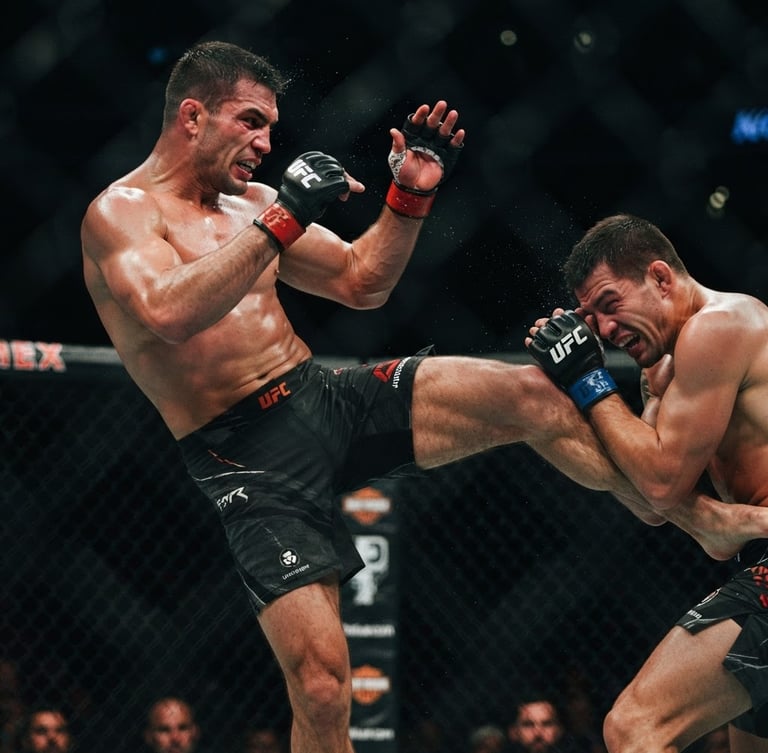 Dynamic action shot of an MMA fighter, mid-strike, wearing black gloves with subtle red accents, high-contrast chiaroscuro lighting, sharp focus, 35mm lens, deep shadows.