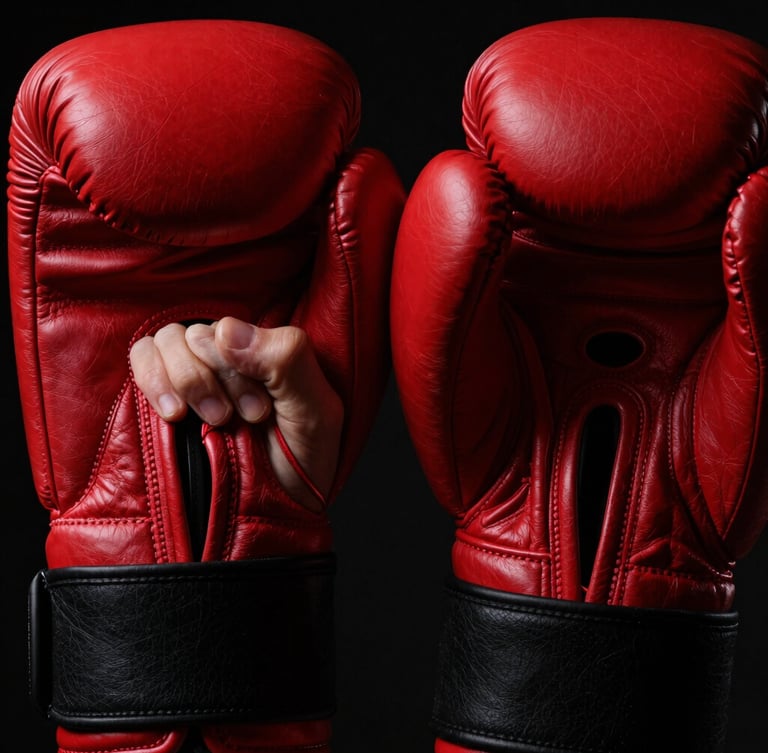 Dramatic close-up of hands inspecting double-stitched leather on a boxing glove, chiaroscuro lighting, deep red and black tones, sharp focus, 35mm lens