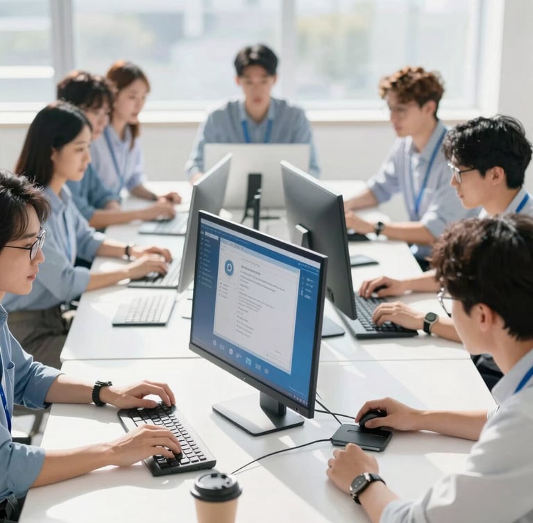 A sunlit collaborative technical team working around a clean white desk, modern tech interfaces visible, bright natural daylight, high-key corporate photography, 35mm