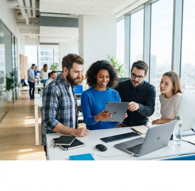 Bright, high-key corporate photography, crisp natural daylight, clean white and electric blue tones, sharp focus, 35mm. A sunlit modern workspace with clean architectural lines, a collaborative technical team in focus, looking at a tablet screen.
