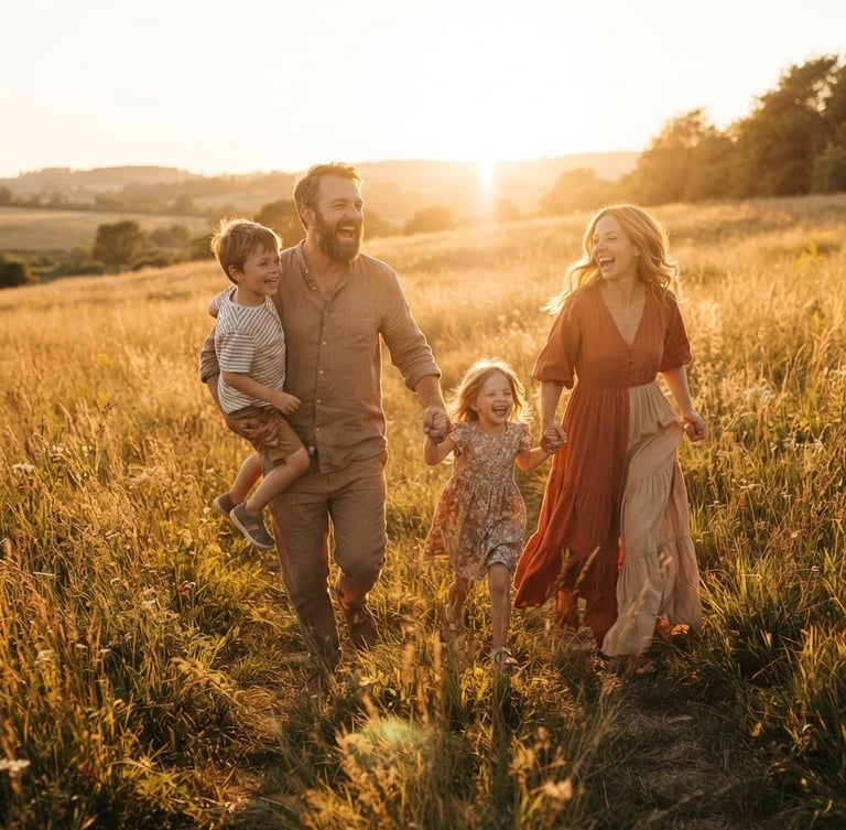 A family laughing and running through a sun-drenched field at golden hour, backlighting, natural lens flare, candid, cinematic, warm terracotta and sand tones.