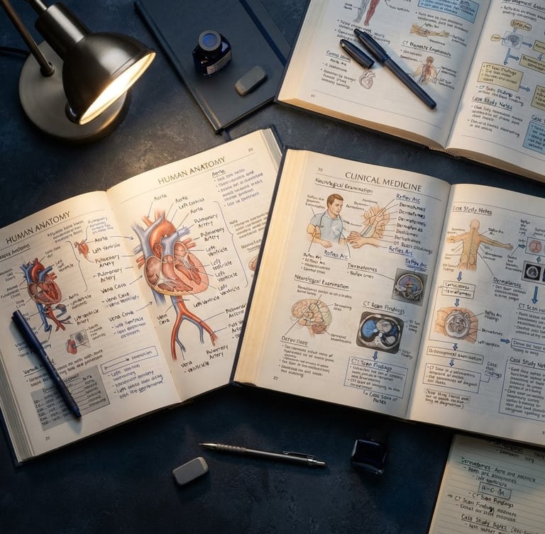 Overhead flat-lay of open medical books with clean handwritten annotations, focused desk lamp lighting, deep midnight blue tones, sharp focus