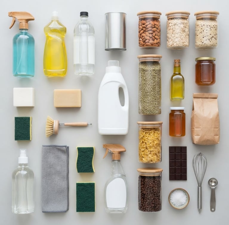 Overhead flat-lay of neatly organized household cleaning products and pantry staples on a clean light gray background, bright high-key studio lighting, sharp focus.