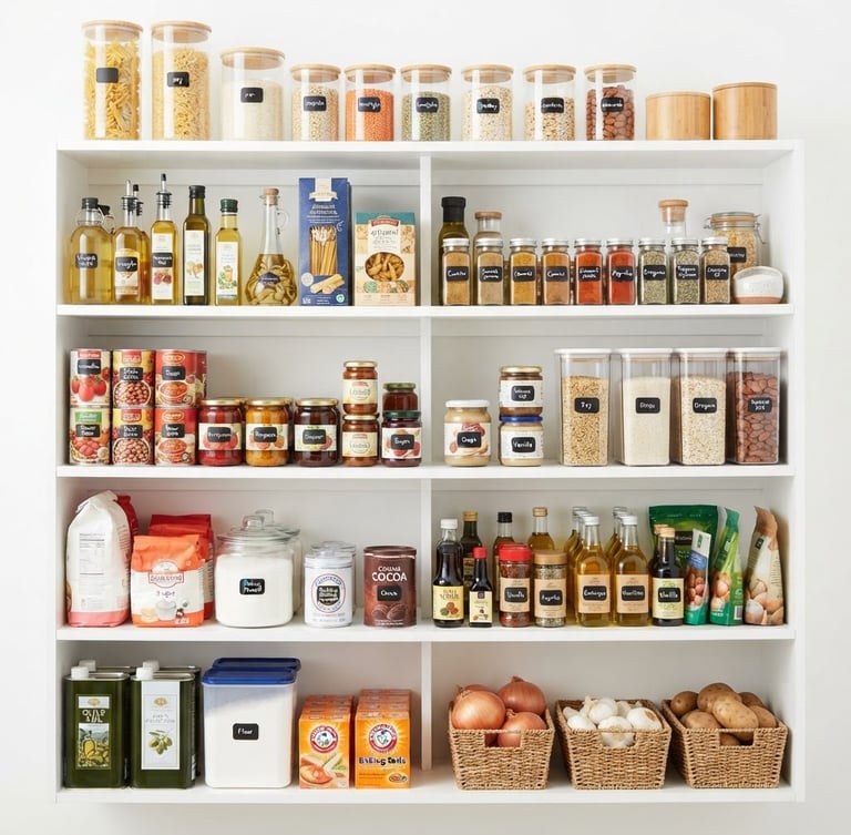 Bright high-key studio photography of neatly organized pantry shelves with everyday household goods, clean white background, crisp studio light