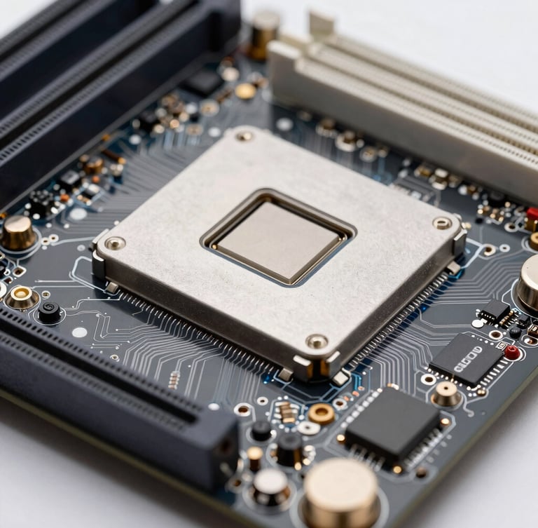 Macro photograph of clean computer hardware, a motherboard with cool silver circuits and subtle blue backlighting, sharp focus, 35mm