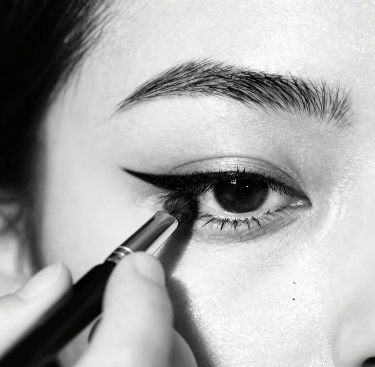 Extreme close-up of a makeup artist's hands applying sharp black eyeliner with a fine brush on a model's eye, high-contrast studio strobe lighting, deep blacks and pure whites, razor-sharp focus, 35mm, portrait aspect