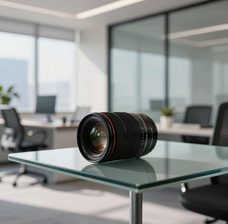 Clean modern corporate office with bright natural daylight, glass desks, and structured professional environment, sharp macro shot