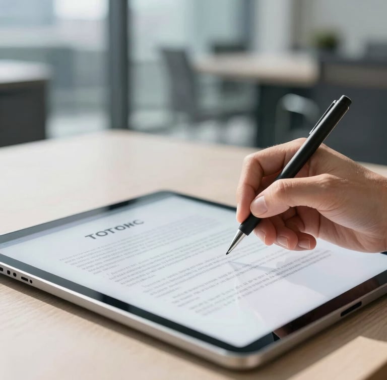 Close-up of hands signing a digital contract on a tablet, modern corporate office background, bright natural daylight, sharp focus.