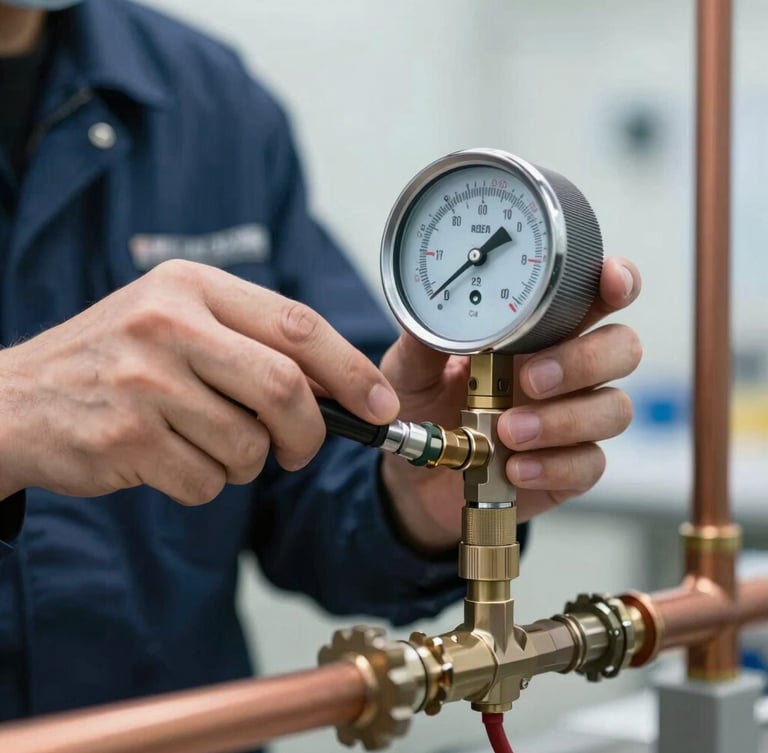 Macro shot of a technician in a clean navy uniform adjusting a digital manifold gauge connected to copper piping, bright daylight, cool undertones, technical precision.