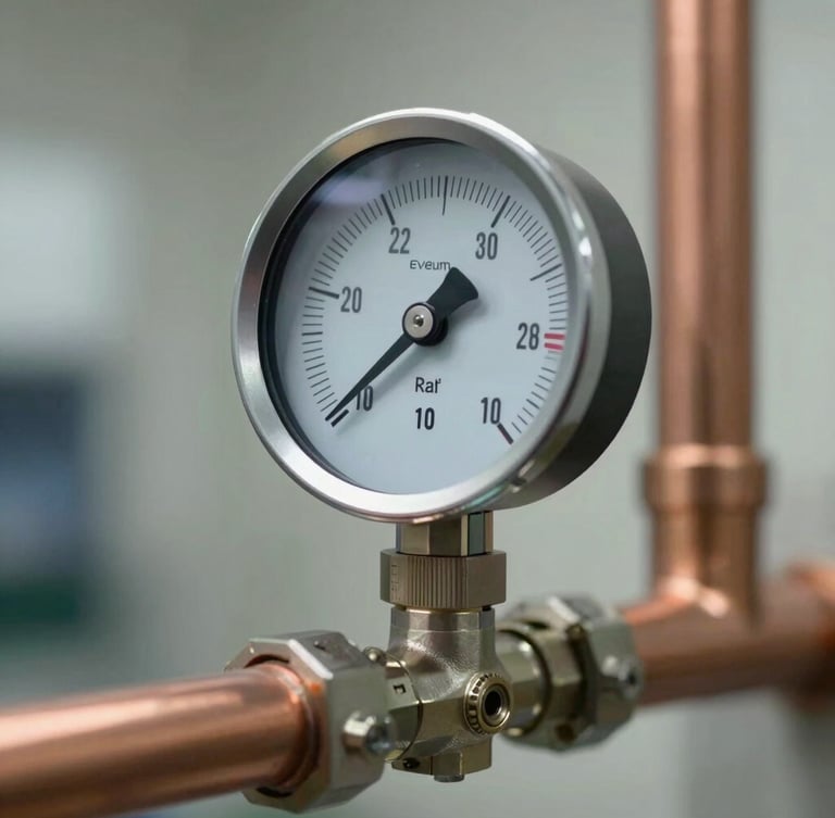 Macro shot of a modern digital manifold gauge connected to clean copper pipes, cool daylight lighting, precise technical focus.