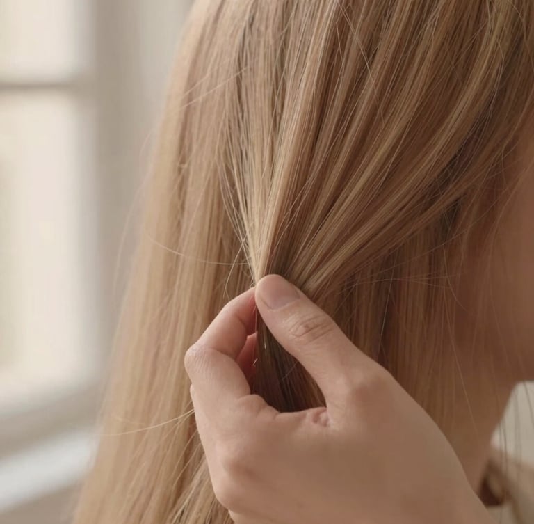 Close-up of hands gently styling healthy hair in soft, diffused light, bouclé texture in background, shallow depth of field, warm editorial photography, soft golden-hour window light, delicate blush and sand tones, 35mm
