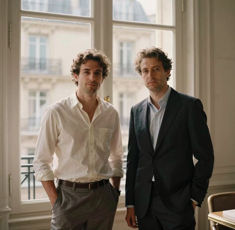 An elegant editorial portrait of two professional male hospitality founders in a sun-drenched Haussmannian apartment, warm natural light, soft shadows, neutral tones, 35mm film style.