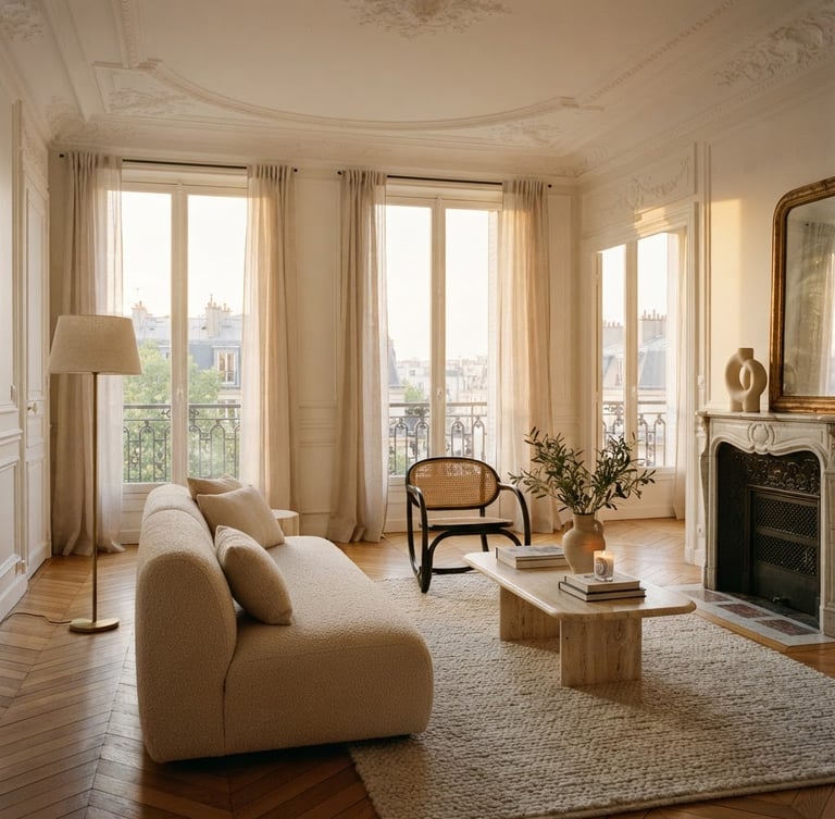Elegant sun-drenched Haussmannian apartment living room in Paris, tall windows with sheer curtains, herringbone parquet floor, minimalist luxury furniture, soft golden hour daylight, architectural 35mm photography
