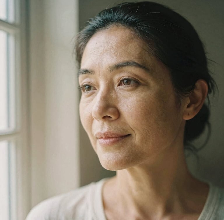 Close-up portrait of Gaby Mol, a mature woman over 40 with a warm, serene expression, soft morning window light, earthy sage tones, shallow depth of field, 35mm film texture.