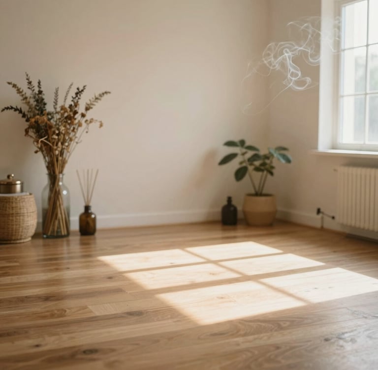Serene empty wellness studio with warm wood floors, soft morning window light casting shadows, dried herbs and incense smoke in the background, earthy sage and cream tones.