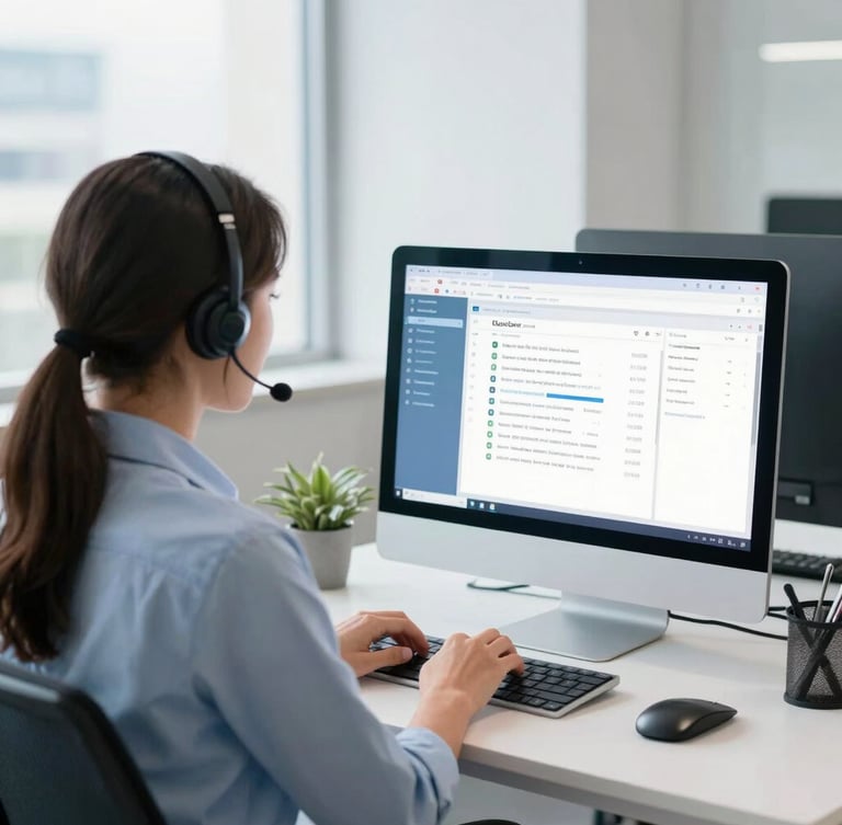 Over-the-shoulder shot of a professional customer service agent in a bright, modern Brazilian office, typing on a clean desktop setup showing support software dashboard, natural daylight, 35mm lens