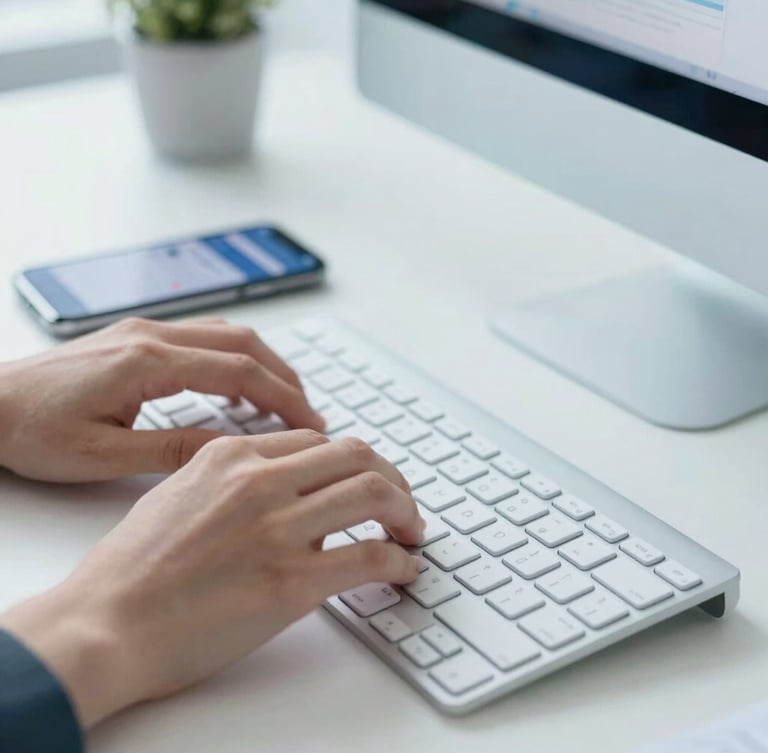 Close-up of hands typing on a modern clean keyboard in a bright office, a smartphone displaying a secure chat interface next to the keyboard, soft blue slate tones, professional atmosphere