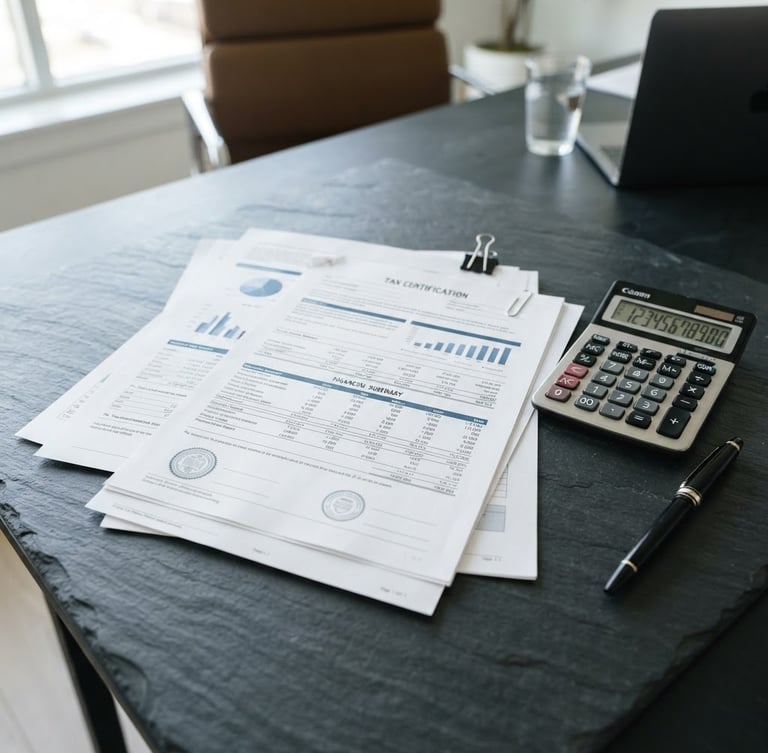 Crisp editorial photo of structured financial documents, tax certification papers with a professional calculator on a dark slate desk, bright natural daylight, sharp focus, 35mm