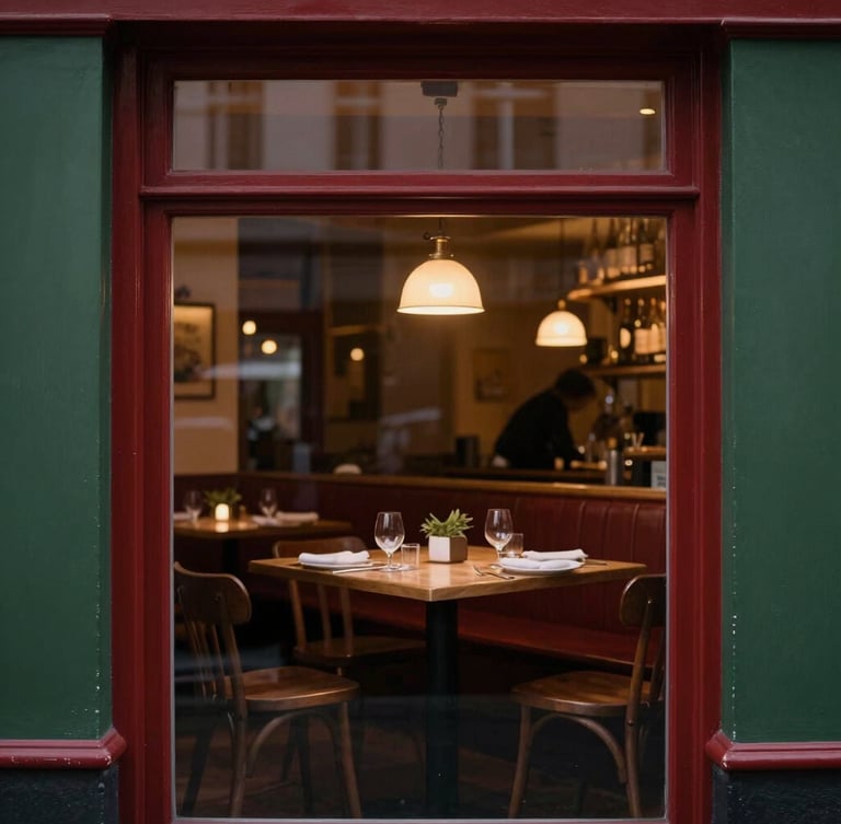 Atmospheric, dimly lit restaurant dining room at dusk, warm light glowing from within, viewed from a quiet street, soft Scandinavian aesthetic