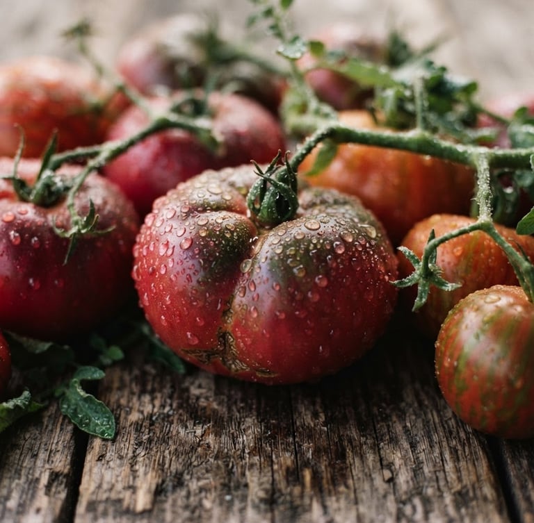 Close-up macro shot of raw heirloom tomatoes with morning dew on a rustic wooden table, soft Scandinavian daylight, deep crimson tones, shallow depth of field, 35mm photography