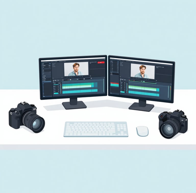 Overhead flat-lay of a modern creator workspace with high-end camera gear, dual-monitor setup showing editing timelines, light blue undertones, clean geometric layout