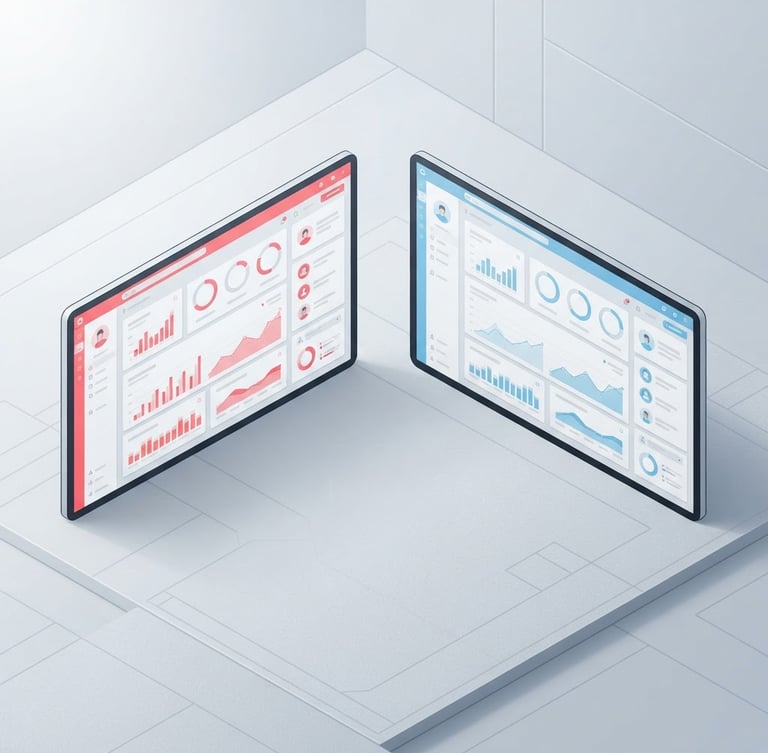 A premium minimalist vector illustration of two software dashboard screens side-by-side, one with a red accent color and one with a blue accent color, clean isometric perspective, soft studio lighting, modern tech aesthetic
