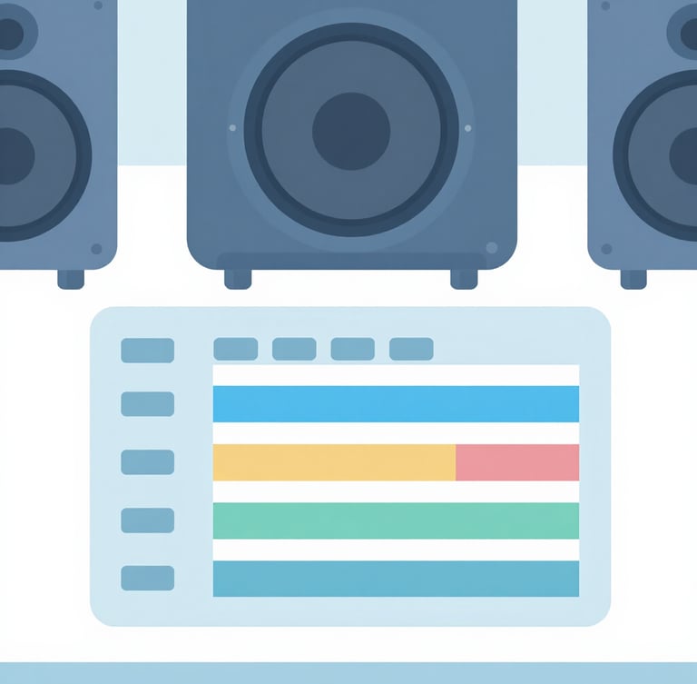 A close-up overhead flat-lay of professional video production gear, including a color grading panel and studio monitors, soft cool blue lighting, clean minimalist tech aesthetic.