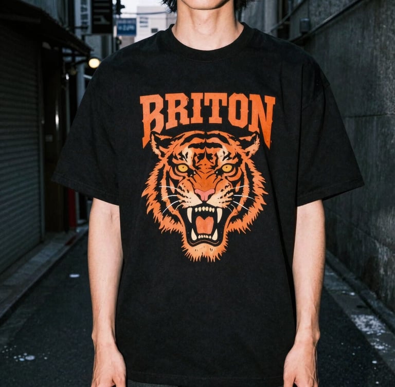 Gritty streetwear photography, model wearing heavy black tiger graphic t-shirt in a dark concrete Tokyo alleyway at dusk, direct flash, high contrast.