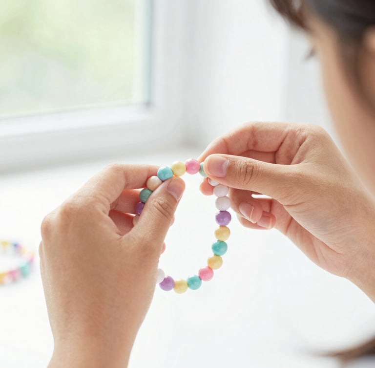Close-up of a young girl's hands carefully threading colorful pastel beads onto a bracelet string, bright natural window light, cheerful atmosphere.